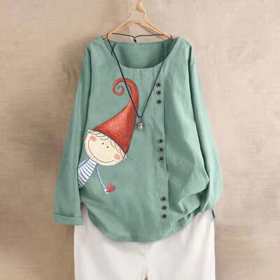 

Womens Casual Long Sleeves Loose Tops Shirt 3D Print Crew Neck Button Blouse