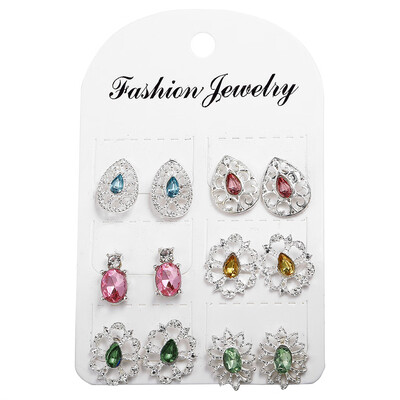

6 Pairs Waterdrop Flower Crystal Stud Earrings Women Girls Christmas Bohemian Retro Hollow Stud Earrings