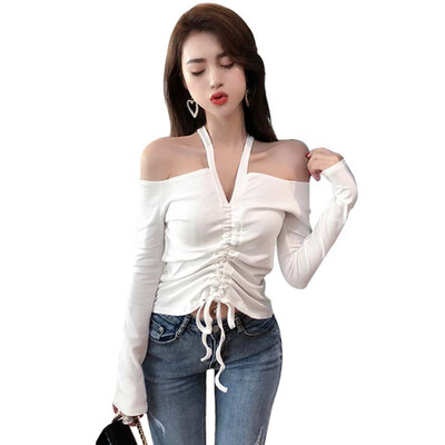 

Women Sexy Off Shoulder Crop Tops V-Neck Long Sleeve T-shirt Autumn Solid Lace up Casual Pleated T Shirt Female