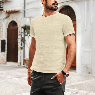 

Toponeto Mens Baggy Cotton Linen Solid Color Button Short Sleeve T Shirts Tops Blouses