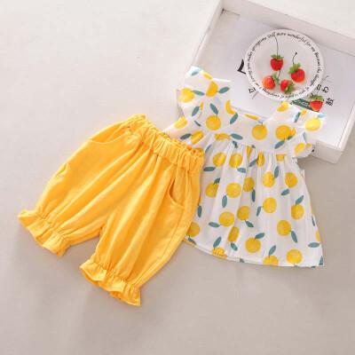 

Summer Baby Girls Flare Sleeve Floral Fruit Print T-shirt Short Set TopsShorts Suits Casual Outfits Sets Cute 2PCS