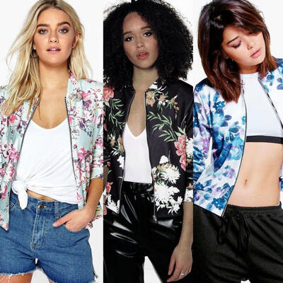 

Casual Women&39s Ladies Biker Celeb Camo Flower FLoral Print Zipper Up Bomber Jacket Coat