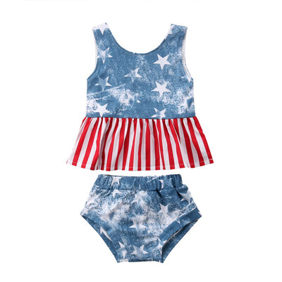 

0-24M Summer Baby Girl Casual Sleeveless Star Stripe Print Cotton Vest Tops T-shirt PP Briefs Shorts Outfits Set