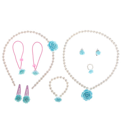 

Beautiful Child Rose Pearl Jewellery Set of 7 Necklace Bracelet Stud Earrings Ring Hair Clip Headband Hair Rope Suit