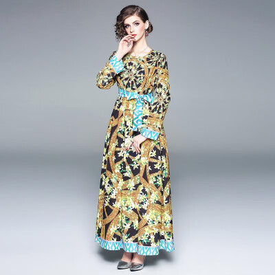 

L XL XXL elegant new autumn 2018 women long maxi dress long sleeve black gold vintage digital print A line ankle length belt off