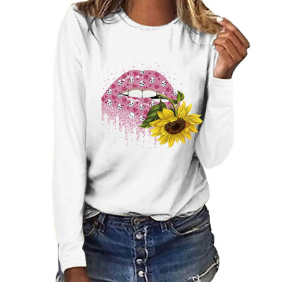 

Plus Size New Autumn Fashion Women Casual Blouse Sunflower And Lips Printed Sweatshirt Long Sleeve Shirt Tops