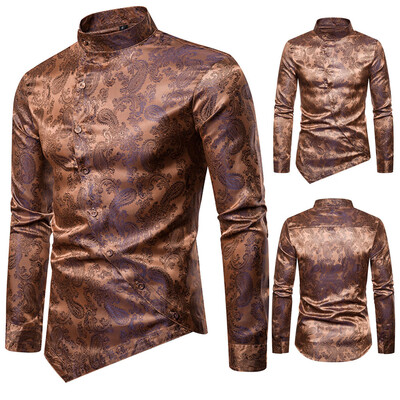 

Toponeto Men Inclined Button Cashew Flower Irregular Henry Collar High-Grade Iong-Sleeve