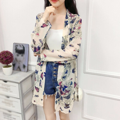 

Sweet Blouses Style Butterfly Print Chiffon Sunscreen Shirt Fashion Trend Long-sleeved Womens Shirts