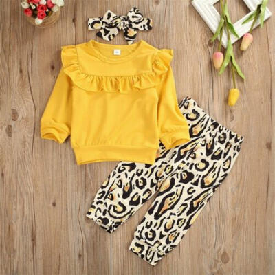 

UK Toddler Kid Baby Girl Leopard 3PCS Sweatshirt Pants Headband Outfit Tracksuit