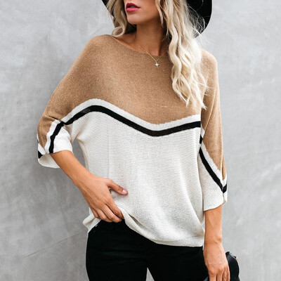 

Tailored Womens Color Block Crewneck Sweaters Bat Sleeve Loose Chunky Knitted Pullover