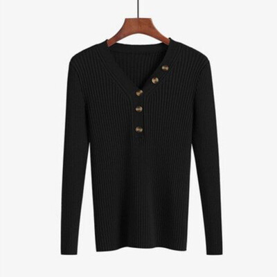 

New Fashion Button V-neck Sweater Women Spring Autumn Solid Knitted Pullover Women Slim Soft Jumper Sweater Female Knit Tops