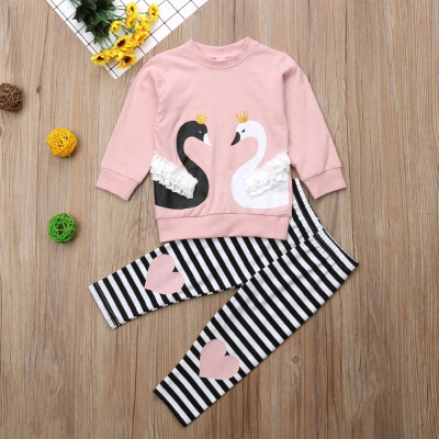 

2pcsset Kids Baby Girls Outfit Double Swan T-shirt Leggings Set Clothes 1-6 Years