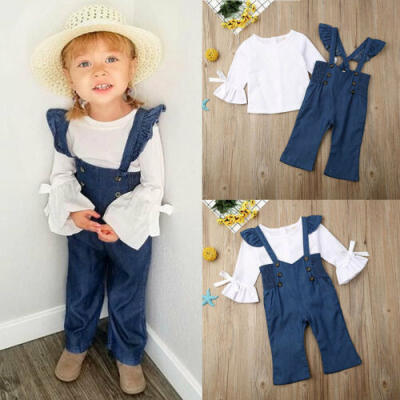 

Toddler Girl Flare Sleeve Tops Fly Sleeve Strap Trousers Jeans Pants Clothes Set