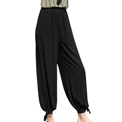 

Women Comfy Harem Pants Mid Waist Elastic Solid Color Loose Straight Casual Long Trousers