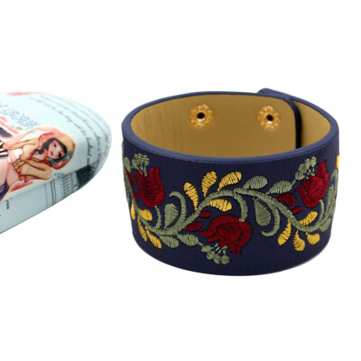 

Fashion Bracelet Embroidered Cashew Flower PU Leather Wide Bracelet Womens Snap Bracelet Multicolor