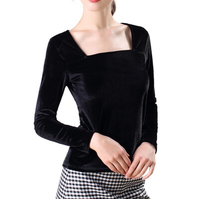 

Vintage Style Pleuche Solid Color Women Tops Fashion Slim Square Collar Long-sleeved T-shirts