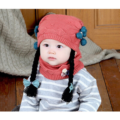 

2PCSSet Winter Baby Girl Warmer Scarf Hat With Braid Design Infant Collar Neckerchiefs Headwear Cartoon Scarf Hat Set