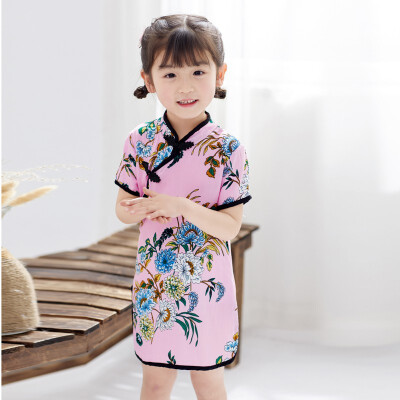 

Baby Summer Girls Round Neck Cotton Print Princess Cute Sweet Short Sleeve Cheongsam Princess Dress