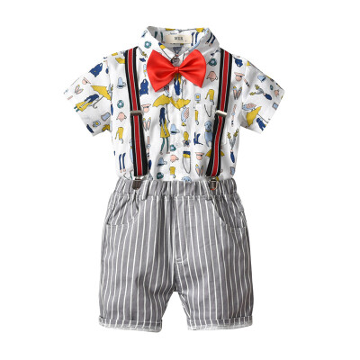 

4Pcs Boy Clothes Set Cartoon T-shirt Tops Shorts Suit Overalls Suit Summer Short Sleeve Baby Clothes Boy Gentleman Infant Sui