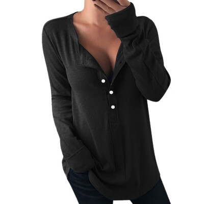 

Autumn&Winter Solid Color Long Sleeved T Shirt Women V Neck Button Tops