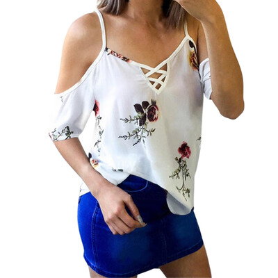 

Floral Print V-Neck Off Shoulder Hollow Out Womens Tops And Blouses Casual Beach Womens Shirt Loose Half Sleeve Blouse Female