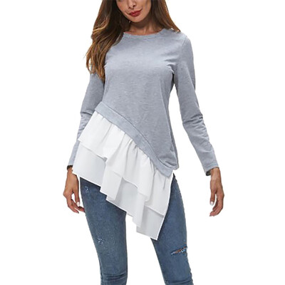 

2019 Autumn Long Sleeve T Shirt Women O-Neck Solid Long Tops Ladies Irregular Patchwork Ruffles Casual T-Shirt Female