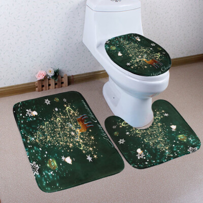 

Gobestart 3PCS Christmas Bathroom Non-Slip Pedestal Rug Lid Toilet Cover Bath Mat Set