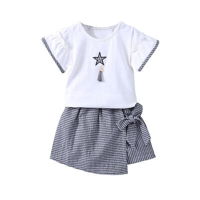 

Hot Summer Baby Girl Casual Short Sleeve Cotton Tops T-shirt Plaid Pattern Skirt Shorts Outfits Set