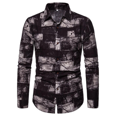 

Toponeto Mens Vintage Ethnic Style Printing Loose Long Sleeve Stand Collar Casual Shirt