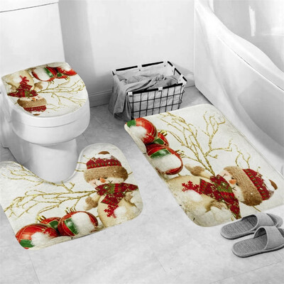 

Gobestart 3Pcs Christmas shower Curtain Bathroom Anti-slip Carpet Rug Toilet Cover Mat Set