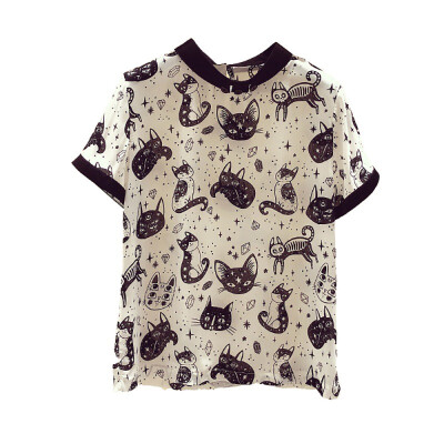 

Women Summer Elegant And Fashion Design Round Collar Cartoon Cat Print Loose Half Sleeve Casual T-Shirt Simple Wild Tops