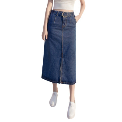 

Women High Waist Denim Skirt Ladies Split Denim Skirt Solid Color With Belt Mid-long Bag Hip Straight Skirt