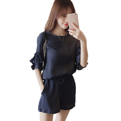 

womens set 2pcs summer O-neck Short Sleeve T-shirt Loose Shorts women sets clothes Solid Color Elastic Waist Flare Sleeve Set