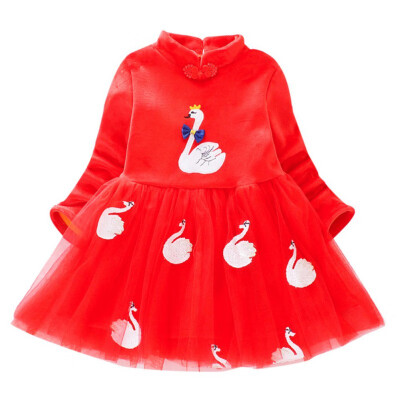 

Autumn Kids Dresses For Girls Chinese Traditional Dress Cute Mesh Stitching Plus Velvet Embroidery Swan Collar Princess Dress