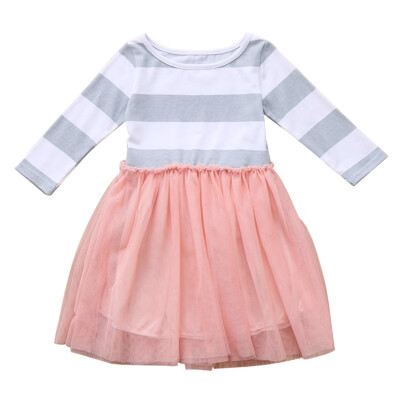 

Baby Toddler Girls Skirt Dresses One-piece Stripe Long Sleeve Concise Shirt Top Mesh Skirt Dresses