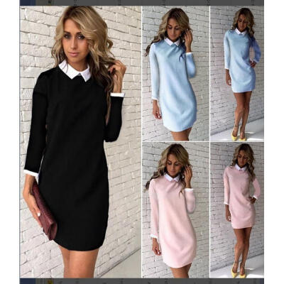 

Women Solid Color Stand Collar Long Sleeve Cotton Slim Bodycon Short Mini Dress