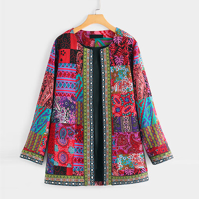 

Tailored Women Vintage Ethnic Style Floral Print Long Sleeve Plus Size Cotton Jacket Coat