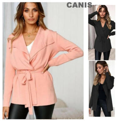

US Women Lady Belted Blazer Drape Trench Casual Coat Long Sleeve Knitted Jacket