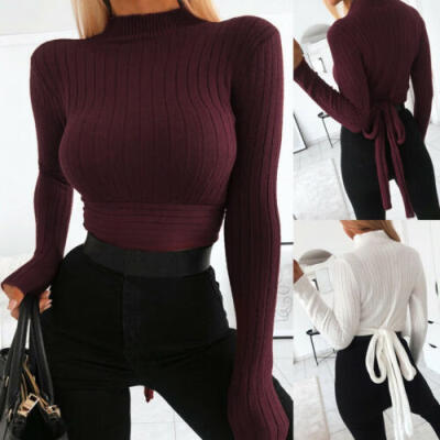 

US Women Long Sleeve Knitted Bandage Lace Up Pullover T Shirt Casual Tops Blouse