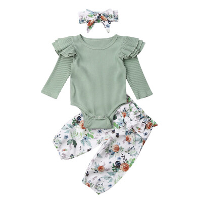 

3PCS Infant Toddler Baby Girl Clothes Ruffle Romper Bodysuit Floral Halen Pants Headband Outfits