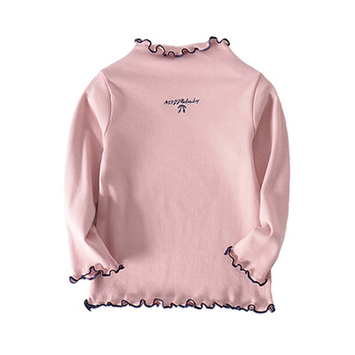 

2-8T Autumn Long-Sleeved Girls Embroidered Ruffled Children T-shirt Half-High Collar Lace Bottoming T-Shirt