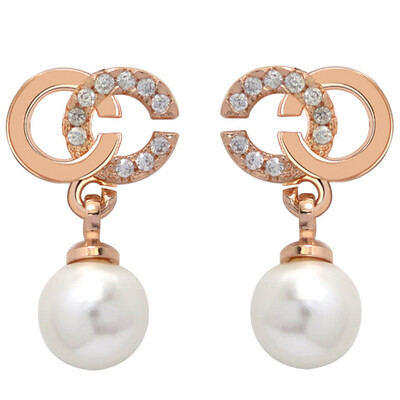 

Fashion Crystal Plated Earring Stud Double C Earring With Pearl Earring