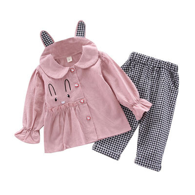 

Autumn Baby Girl clothes 2pcs outfits Cartoon Rabbit Design Long Sleeve Coat TopsPlaid Pants Cute Kids clothes Set