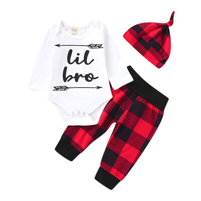 

3PCS Set Cute Newborn Baby Boy Clothes Letter Print Bodysuit Tops Long Pants Hat Outfits 0-18M