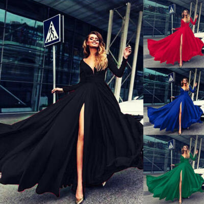 

US Elegant Women Long Sleeve Long Maxi Evening Party Dress Wedding Pageant Gown