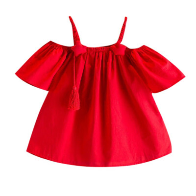 

Kids Summer Girls Cute Strap Off-shoulder Tops Bottoming Trumpet Sleeved Solid Color Cotton T-Shirt 2-7Years
