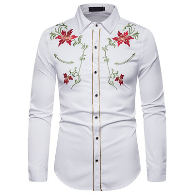 

Tailored Mens Leisure Fashion Embroidery Printing Lapel Long Sleeve Shirt Top Blouse