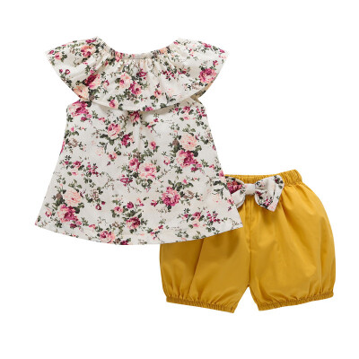 

2PcsSet Summer Baby Girls Casual Flare Sleeve Floral Print T-shirt TopsShorts Suits Costume Set