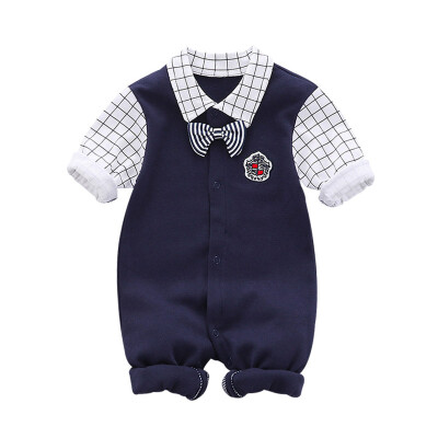 

Autumn Baby Boy Gentleman Clothes Long Sleeve Plaid Printing Fake 2 Piece Newborn Rompers Costumes