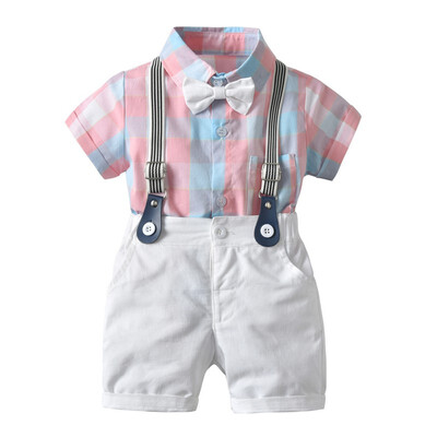 

Summer Baby Boy Clothes Suits Gentleman Boy Short-Sleeve Plaid shirt Overalls Shorts With Tie cotton Wedding boy Clothes Set
